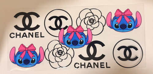 A sheet of temporary decals featuring Chanel logos and Stitch characters. The decals include black and white Chanel logo designs, white camellia flowers with Chanel CC inside, and blue Stitch characters wearing pink bows.