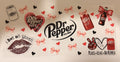 A Dr Pepper-themed sticker sheet featuring various designs including the Dr Pepper logo, a heart-shaped Dr Pepper Girl sticker, a lip sticker with 'I LOVE DR PEPPER' text, a peace sign with a heart, a bottle with a red bow, and scattered pink and black hearts and bows on a white background.
