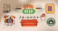 A rectangular wall decal or poster featuring various 'Friends' and 'Central Perk' themed illustrations, including the coffee cups, couch, character group, and iconic logos, displayed against a plain light background.
