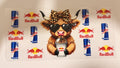 A Red Bull themed sticker sheet featuring a central cartoon highland cow wearing a leopard-print bow and black sunglasses, holding a Red Bull can. The sheet is surrounded by multiple smaller Red Bull can illustrations and logos on a white background.
